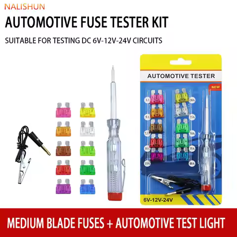 Automotive Fuse Tester Kit With 10PCS Medium Blade Fuses, DC 6V-24V Test Light Pen, Multi-Amp Fuse S