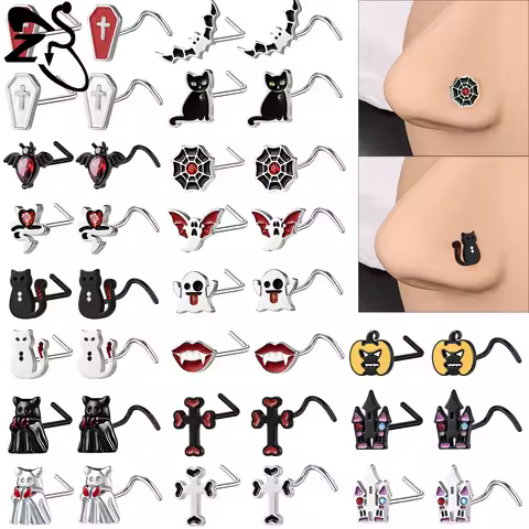 ZS 1 Piece Halloween Cute Ghost Stainless Steel Nose Rings Women Men Nose Studs L/S Bat Pumpkin Cat 