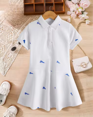 Fresh white Polo skirt for girls - blue crocodile pattern, classic lapel design