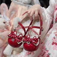 Red Polka Dot Bow lolita Shoes Cute All-Match Small Leather Shoes lolita lo Shoes Round Toe lolita S