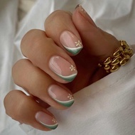 Wearing nails nails Fresh Green White Stitching French White Flowers Manicure Pieces Finished Produc
