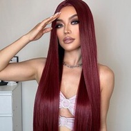 Wine Red Long Straight Synthetic Hair Wig, Machine-Woven Silky Straight Hair, 99J# Women