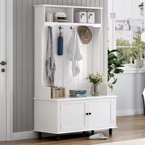 4-Hook White Hall Tree, Entryway Storage Bench with Coat Rack, 3-in-1 Design, 40 Inches