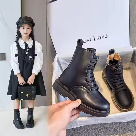 British style children's boots Girls Boots Non-slip Spring Autumn Kids leather shoes black brown 3 4