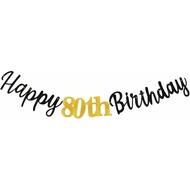 Glitter Paper Black Happy 80th Birthday Banner Sign, Gold Glitter 80 Years Birthday Hang Banner Part