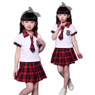 Kanak-kanak perempuan sesuai baju putih kolar puncak hitam merah Plaid skirt kanak-kanak Cheerleadin