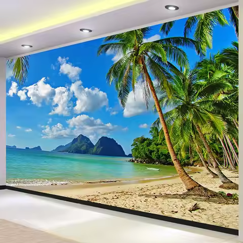 Custom 3D Wallpaper Murals Blue Sky White Clouds Sea Island Beach Coconut Tree Landscape Photo Mural