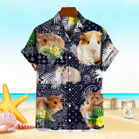 Cute Animal Hamster 3D Print Shirts For Men Clothes Hawaiian Funny Pet Graphic Boy Blouses Streetwea