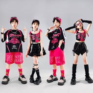 Kids Kpop Group Dance Outfit Girls Patchwork Tank Top Boys Oversized Jersey Top Trendy Metallic Faux
