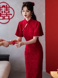 紅色敬酒服旗袍 高端氣質高級感低領改良年輕款喜婆婆媽媽婚宴禮服（平行進口）（快遞送貨上門）