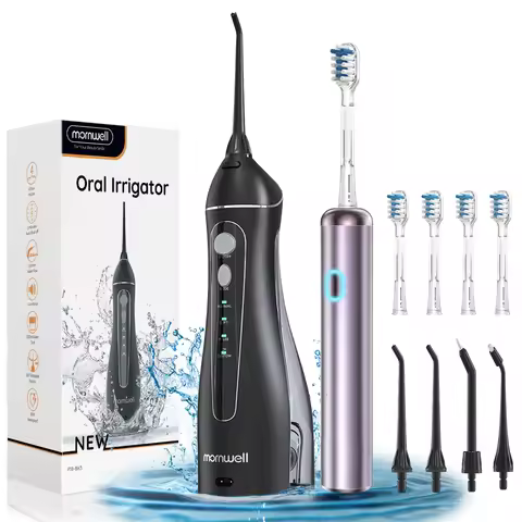 Mornwell Portable Water Flosser with Electric Toothbrush Combo: 2-in-1 Oral Clean Kit for Teeth, Bra
