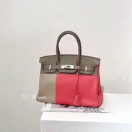 Hermes Birkin30 T5玫瑰粉+18象灰+1F黏土灰三拼色T/C+SWIFT拉絲銀扣