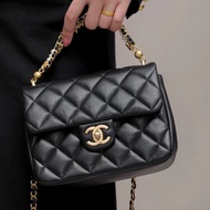 🧿CHANEL香奈兒黑金菱格紋羊皮珍珠方胖子鏈條包芯片款