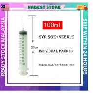 【100ML】 Disposable sterile SYRINGE / JARUM / PICAGARI  LUER SLIP with 1.6mm needle ink injector pet