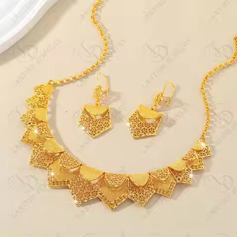 As00068 Dubai Elegant Lady 24K Gold Plated Hollow Geometric Flag Design Handmade Necklace Earrings E