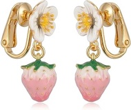 Pink Strawberry Flower Clip On Earrings for Women - Non Pierced Enamel Fruit Dangle Drop Earrings, E