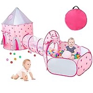 wilwolfer 3PC Princess Tent for Girls with Kids Play Tents, Crawl Tunnel and Baby Ball Pit for Toddlers, Pink Pop Up Playhouse Toys for Boys Indoor&amp; Outdoor Games, Birthday Kid’s Gifts