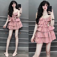 Set of 2-strap checkered crop top with flared skirt, cute big size going out set KN from 50 kg to 10