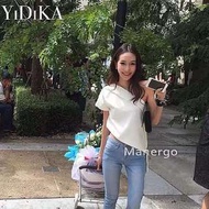 泰國潮牌時尚名媛修身性感露肩斜肩不對稱荷葉邊短款抹胸上衣背心