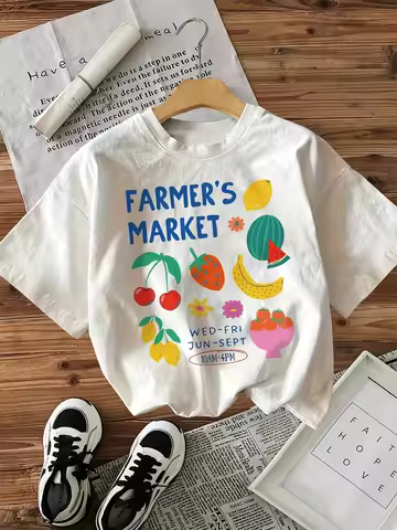 Women's Casual Short Sleeve Crew Neck T-Shirt Farmer's Market Graphic Print with Colorful Fruits & F