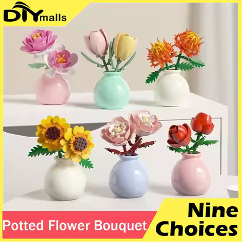 Building block pot plant bouquet of flowers, roses, lily building blocks, toys with flower pots, cut