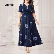 (Trendy) Lovito Plus Size Curve Elegant Ditsy Floral Pattern Ruched Dress for Women LBL23549