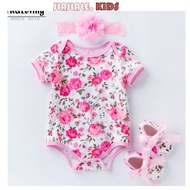 Newborn Baby Pink rose jumpsuit 3pcs set summer short sleeved jumpsuit baby shoes rose leopard print climbing suit with hairband