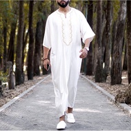 Fesyen Muslim Jubah Lelaki 2023 Putih Kasual Dashiki Lelaki Mudah Lengan Pendek Bercetak Baju Lelaki Saiz Besar Panjang jubah Afrika