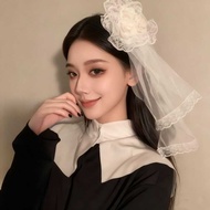 Halloween Lolita Headdress White Veil Female Lolita Veil Rose Hair Clip Lace Side Clip cos Hair Acce