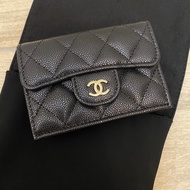 全新 Chanel 經典款三折短夾零錢包卡包 荔枝皮黑金