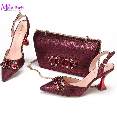 Wine Fashion Leisure Style 2025 New Coming Nigerian Women Shoes Matching Bag Set Pointed Toe High Qu