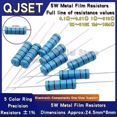 10pcs 5W Metal Film Color Ring Resistors 1% 5W 10R 47 100 200 220 470 510 Ohms 1K 4.7K 10K 47K 100k