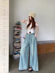 Cicishop(K911)กางเกงยีนส์ขายาวขากระบอกใหญ่ เอวสม็อคมีเชือกผูกใช้งานได้จริง มี 3 สี สไตล์สาววัยรุ่นวิ