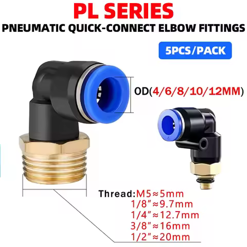 5PCS PL Series Pneumatic Quick - Connect Elbow Fittings:PL 4 6 8 10 12mm Tube, 1/8" 1/4" 3/8" 1/2" T