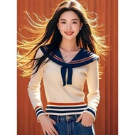 LUNAáo girl phố nữ Hải quân cổ áo dệt kim nữ 2025 phong cách mới Xuân Thu ngắn áo len dài tay áo pho