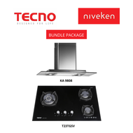 (HOOD + HOB) Tecno KA 9808 / KA9808 High Line Glass Chimney Cooker Hood + Tecno T 23TGSV / T23TGSV 3-Burner Glass Cooker Hob with Inferno Wok Burner Technology