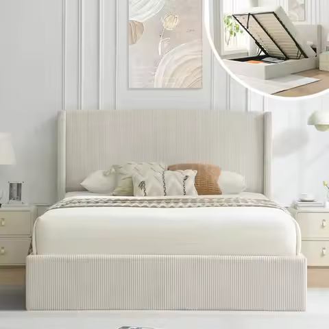 Queen Size Lift-Up Storage Bed, Modern Upholstered Corduroy White Bed with Wingback Headboard, Gas L