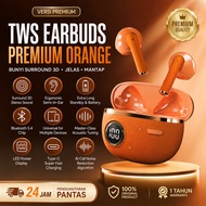 Ready Stock Premium Orange TWS Wireless Earbuds Bluetooth 5.4, 3D Surround Stereo Sound, AI Noise Re