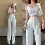 Women's Trousers Front High Waist Straight Buckle Wide Leg Pants Super Good Figure