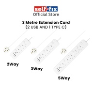 Morries 3m Extension Cord (2USB+1 Type C) 2 Way / 3 Way / 5 Way