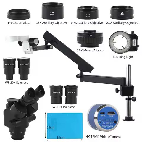 Rotate Arm Articulating Pillar Stand 3.5X-90X 180X Simul Focal Trinocular Stereo Microscope 4K 55MP 