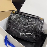 [Original Authentic with Packaging Box] SAINT LAURENT YSL Niki Black Label Logo Gold Chain Pleated V