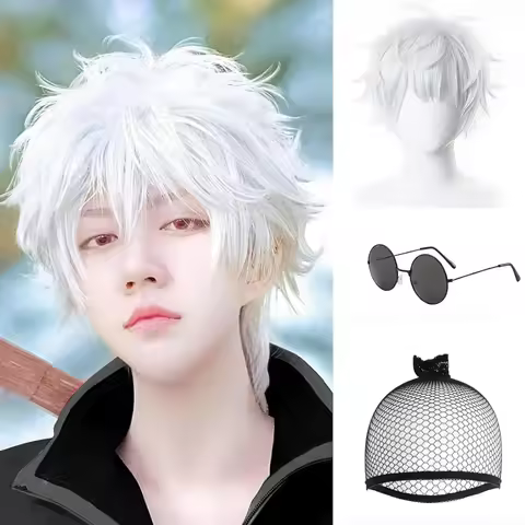 Gojo Wig with Glasses Short Straight Anime Gojo Cosplay Jujutsu Kaisen Cosplay Silver Cosplay Wig fo