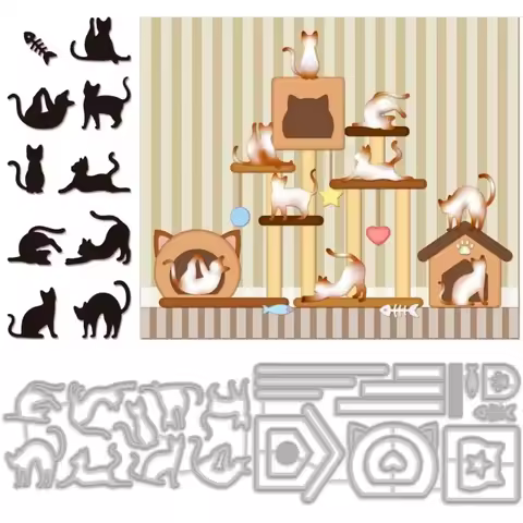 2pcs Yoga Cat Cut Dies Animal Cat Metal Die Cuts Cute Cat Fish Cat House Shape Metal Cutting Dies DI