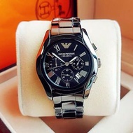 Armani手錶 阿曼尼手錶 AR1400 黑色陶瓷手錶 三眼計時手錶 日曆防水石英錶 時尚潮流男士腕錶 精品錶