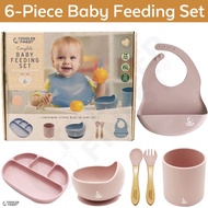 6-Piece Baby Feeding Set - Silicone Bib Suction Plate Bowl Water Cup Spoon Fork Infant Toddler Eatin