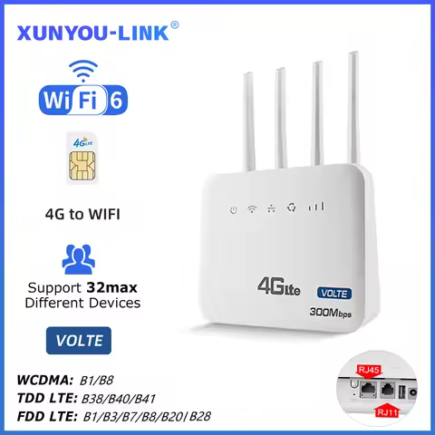 XUNYOU-LINK 4G LTE WiFi Router WiFi6 Modem Volte Wireless Router High Speed 300Mbps Support 32 User 