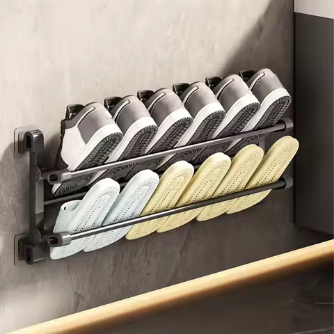 20in Foldable Wall-Mounted Shoe Rack Black Double-Layer Storage Rack Space-Saving Bathroom Storage R