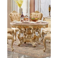 歐式全實木圓桌大理石桌面帶轉盤餐桌椅組合餐廳香檳金雕花6人位