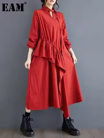 EAM Women Red Big Size Irregular Drawstring Ruffles Dress New Lapel Long Sleeve Fashion Tide Spring 